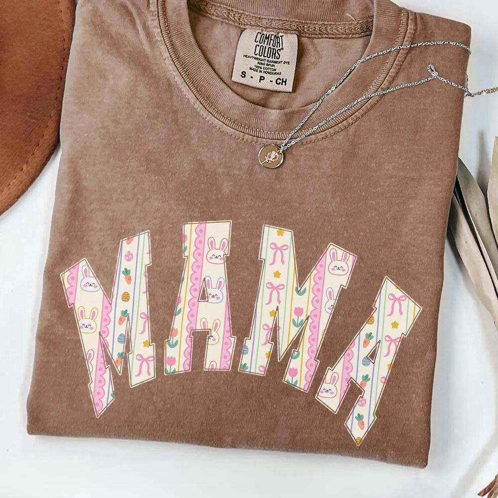 S Striped Easter Mama Shirt Coquette Cartoon Bunny Pattern Mom Tee